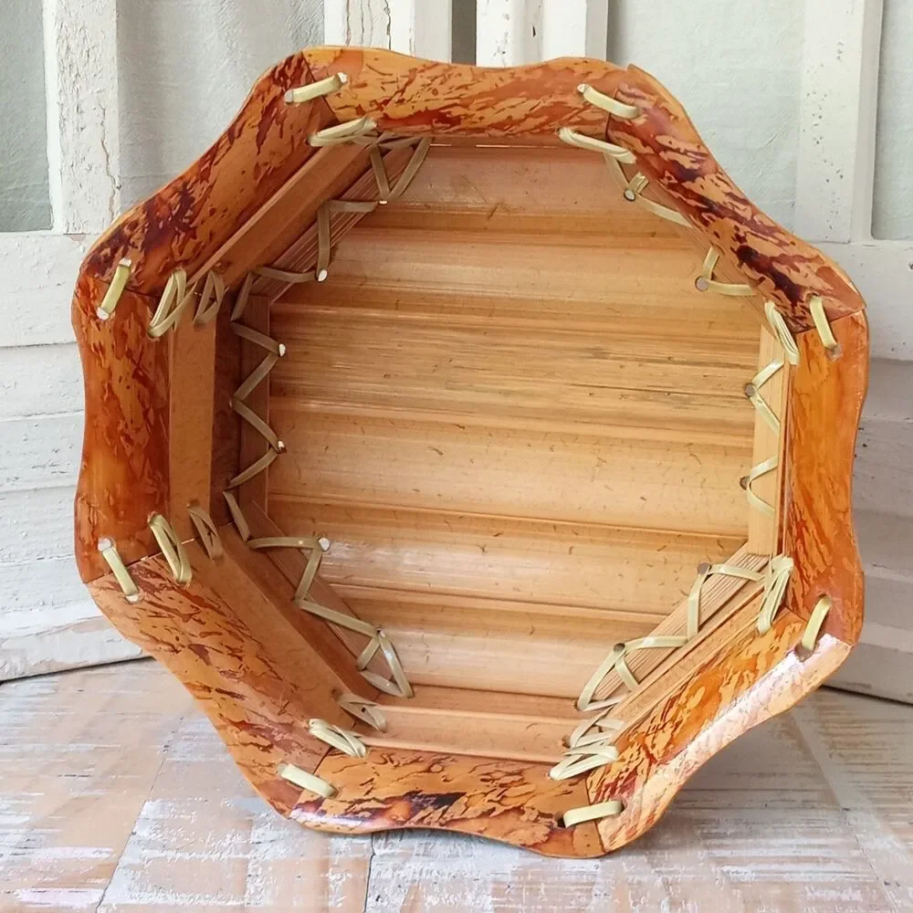 MCM Vintage Tortoise Bamboo Bowl Basket Octagon Burnt Woven Boho Centerpiece 50s